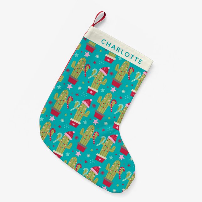 Petite Chaussette De Noël Joli Noël Kawaii Cactus Bleu Personnalisé (Devant (Accrochage))