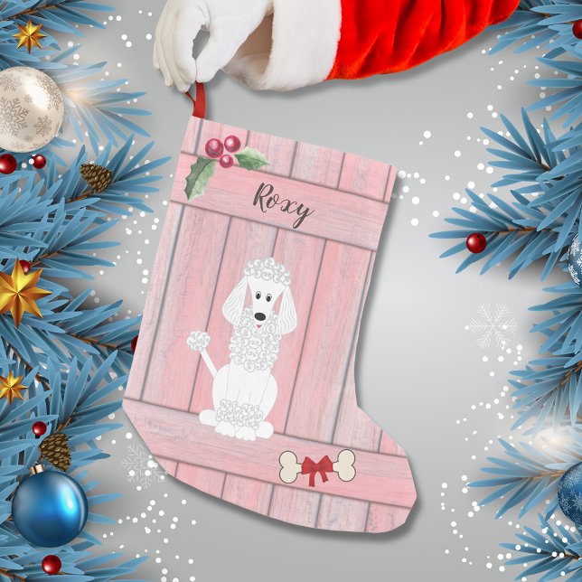 Petite Chaussette De Noël Joli Poodle standard Pink en bois clôture Monogram (Créateur téléchargé)