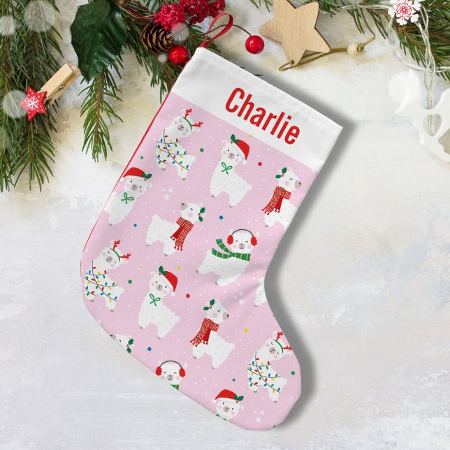 Petite Chaussette De Noël Jolies lamas de Noël rose clair (Créateur téléchargé)