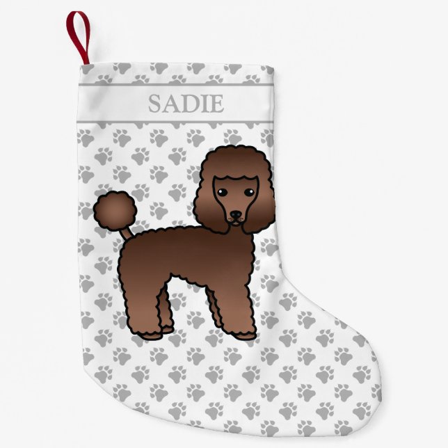 Petite Chaussette De Noël Jouet Brown Poodle mignonette Cartoon Chien & Nom (Devant)