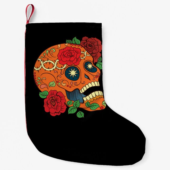 Petite Chaussette De Noël Jour orange de tatouage des roses rouges de crâne (Devant)