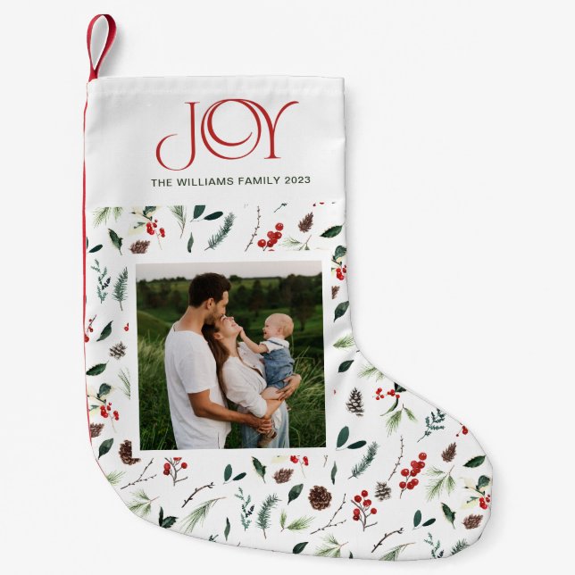 Petite Chaussette De Noël Joy moderne Red Berry Botanique Photo Noël (Devant)