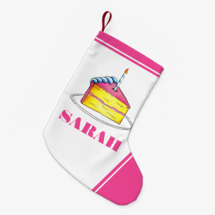Petite Chaussette De Noël Joyeuse fête des bougies en tranche de gâteau rose