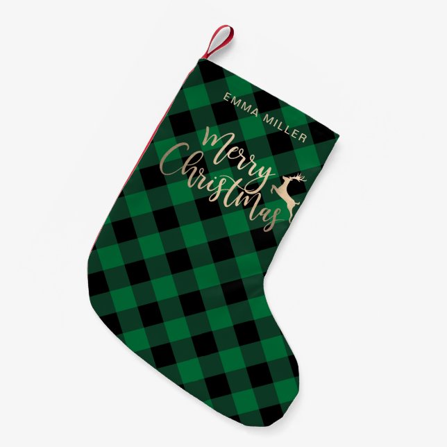Petite Chaussette De Noël Joyeux Joyeux Noël Or Noir & Vert Plaid (Devant (Accrochage))