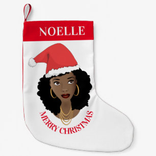 Petite Chaussette De Noël Joyeux Noël, Femme noire, Chapeau rouge, Rouge