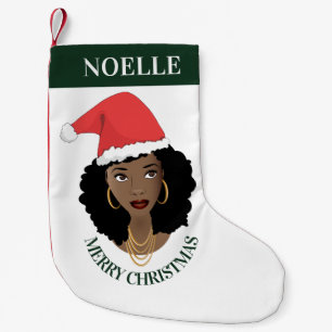 Petite Chaussette De Noël Joyeux Noël, Femme noire, Chapeau rouge, Vert