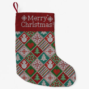 Petite Chaussette De Noël Joyeux Noël Rouge Vert Blanc Faux Knit Motif