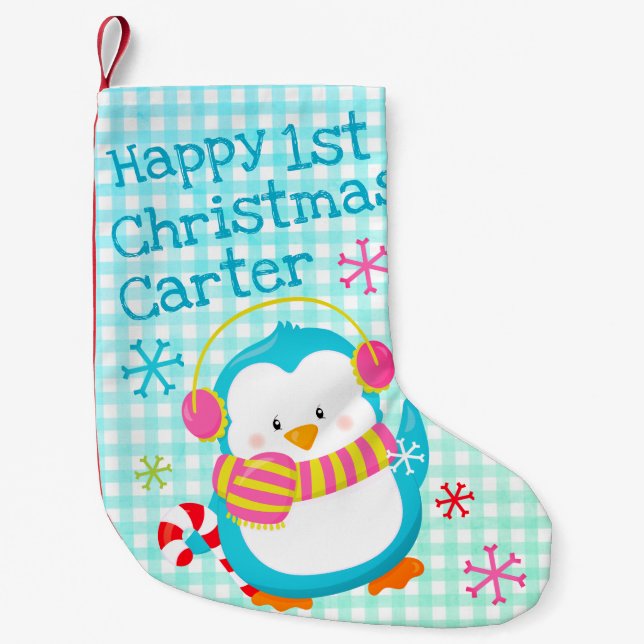 Petite Chaussette De Noël Joyeux Pingouin moderne bébé 1er Noël (Devant)