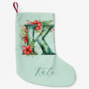 Petite Chaussette De Noël K) Décor de l'arbre d'aquarelle verte du monogramm