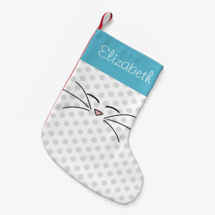 Petite Chaussette De Noël Kitty Face Bleu et Argent Personnalisé