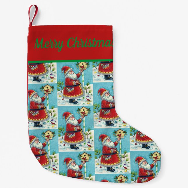 PETITE CHAUSSETTE DE NOËL KRIS KRINGLE ALIMENTER LES OISEAUX REDBIRÉS, NOËL  (Devant)