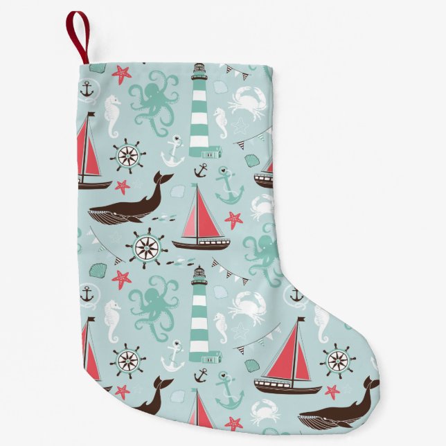 Petite Chaussette De Noël Le bleu d'océan nautique et s'est levé (Devant)