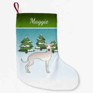 Petite Chaussette De Noël Lévrier Italien Crème Dans Une Forêt D'Hiver