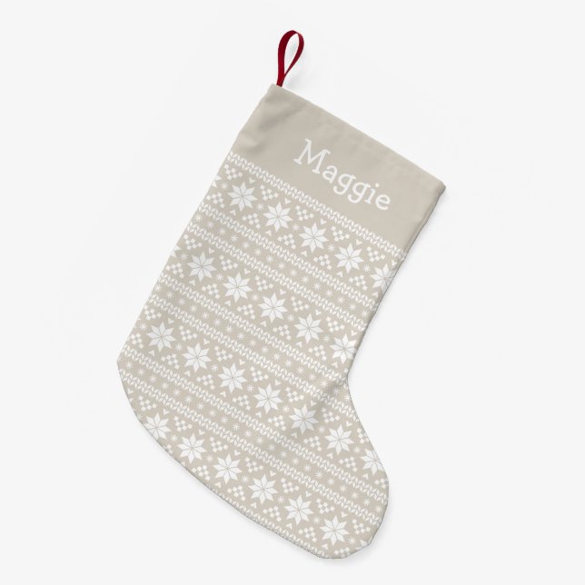 Petite Chaussette De Noël Linge Beige et blanc Fair Isle Monogram (Devant (Accrochage))