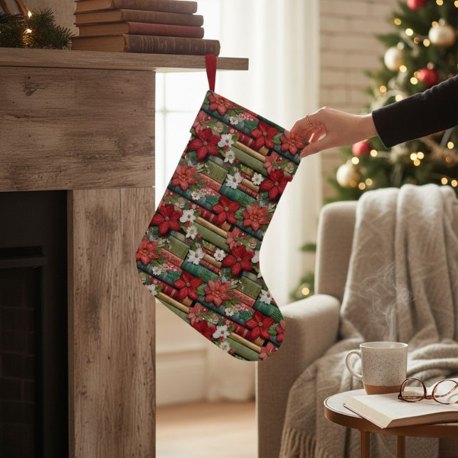 Petite Chaussette De Noël Livre Lover Red Winter Floral Noël (Créateur téléchargé)