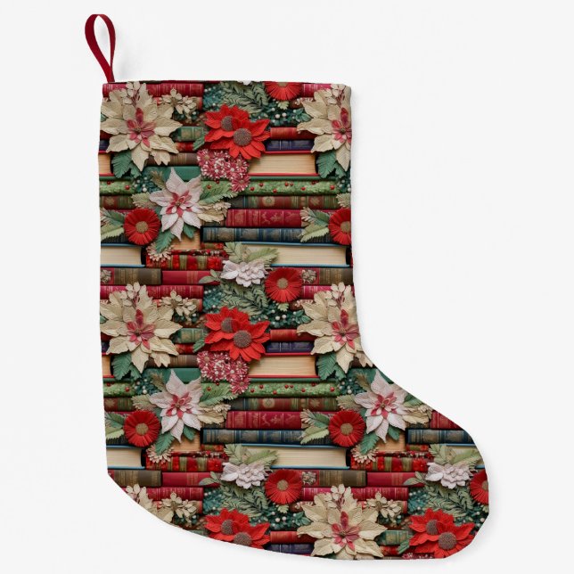 Petite Chaussette De Noël Livre Lover Rouge Blanc Poinsettia Floral Noël (Devant)