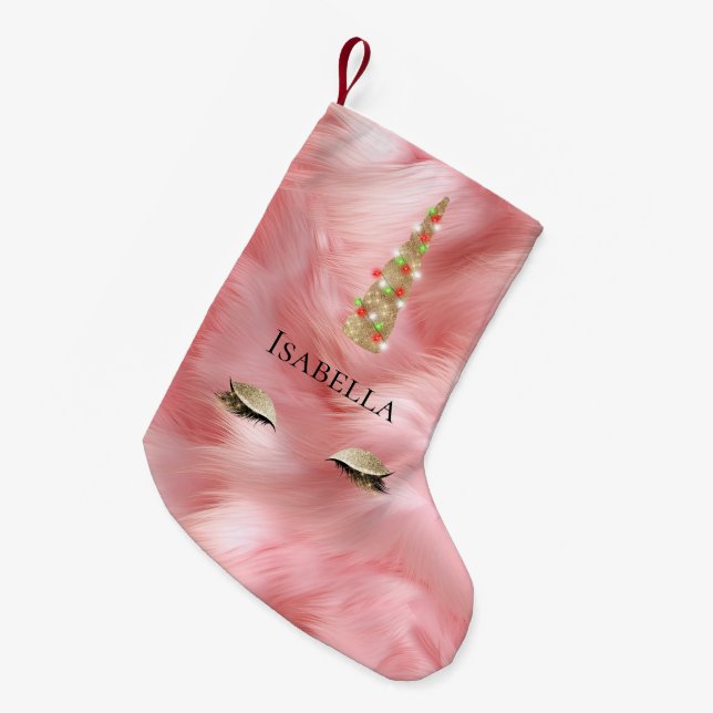 Petite Chaussette De Noël Lumières Unicorne de glam à fourrure rose or (Devant (Accrochage))