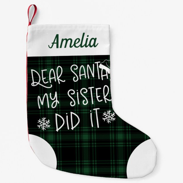 Petite Chaussette De Noël Ma Soeur L'A Fait Vert Plaid Mal Drôle (Devant)