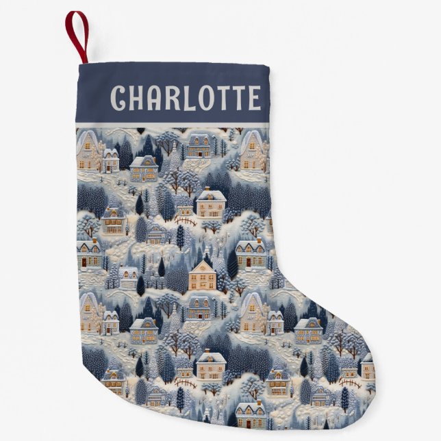 Petite Chaussette De Noël Maisons d'hiver neigeuses de Noël brodées (Devant)