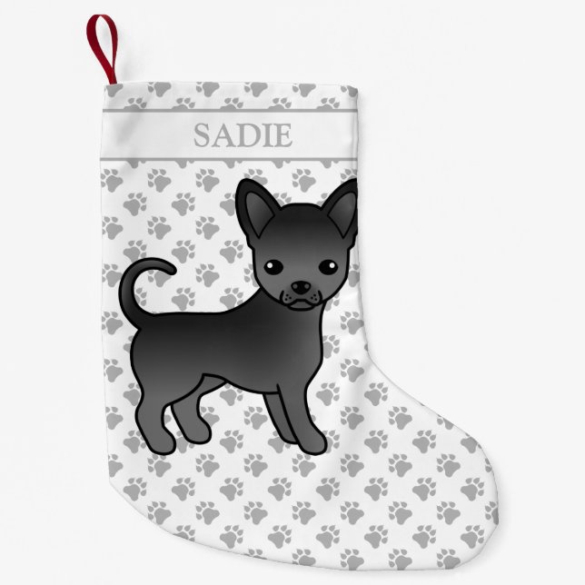 Petite Chaussette De Noël Manteau noir lisse Chihuahua Cartoon Chig & Nom (Devant)