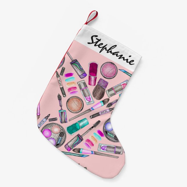 Petite Chaussette De Noël Maquillage peint à la main d'aquarelle de fille (Devant (Accrochage))