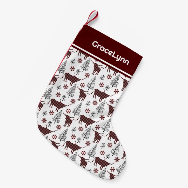 Petite Chaussette De Noël Maroon Buffalo Plaid Longhorn Motif (Devant (Accrochage))