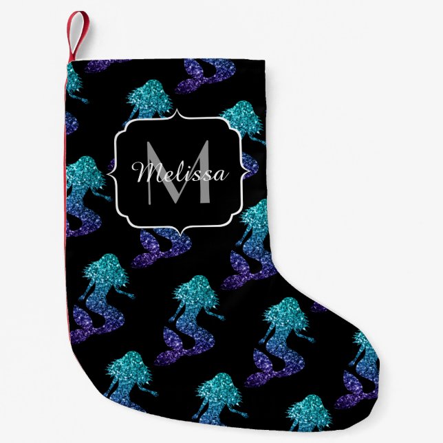 Petite Chaussette De Noël Mermaid aqua bleu ombre motif Monogramme (Devant)