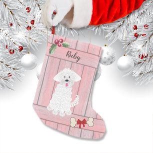 Petite Chaussette De Noël Mignonne fille Maltais rose clôture en bois
