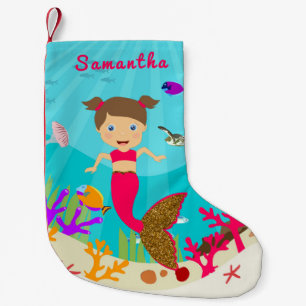 Petite Chaussette De Noël Mignonne fille sirène dans l'océan coloré en céram