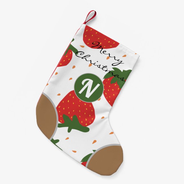 Petite Chaussette De Noël Mignonne fraise rouge Monogramme vert élégant Noël (Devant (Accrochage))