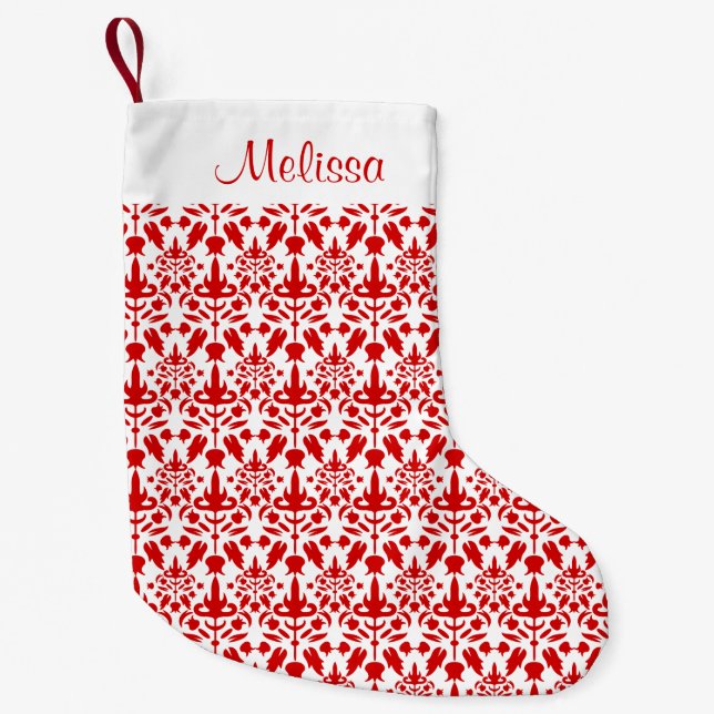 Petite Chaussette De Noël Modèle Damask Rouge avec nom personnalisé (Devant)