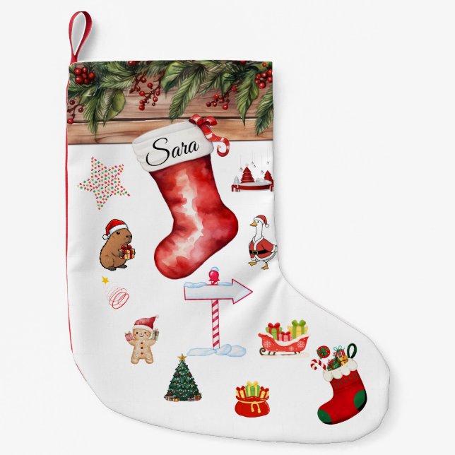 Petite Chaussette De Noël Modern Personalized Christmas Stocking Red & White (Devant)