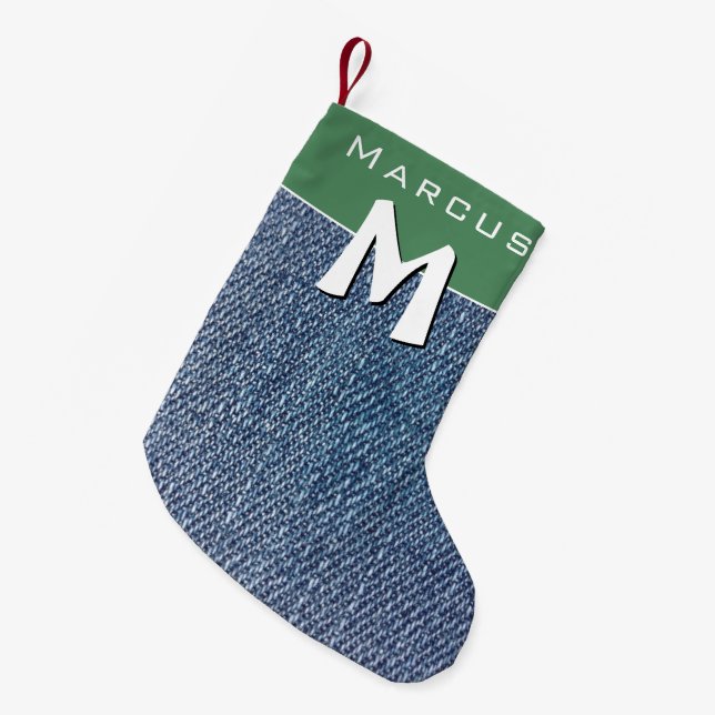 Petite Chaussette De Noël Moderne Bleu Denim Jeans Monogramme Nom Enfants (Devant (Accrochage))