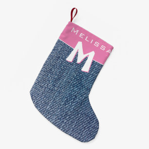 Petite Chaussette De Noël Moderne Rose Bleu Denim Jeans Monogramme Nom Enfan