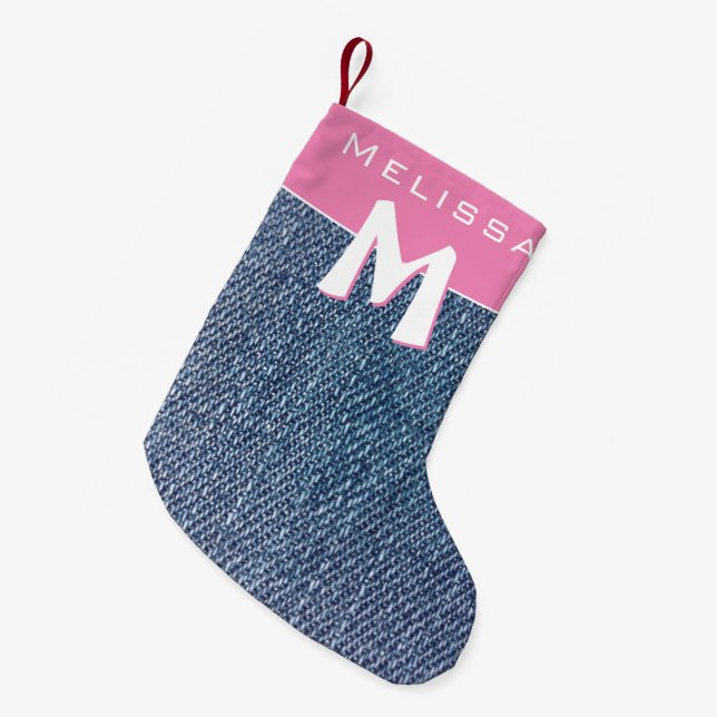 Petite Chaussette De Noël Moderne Rose Bleu Denim Jeans Monogramme Nom Enfan (Devant (Accrochage))