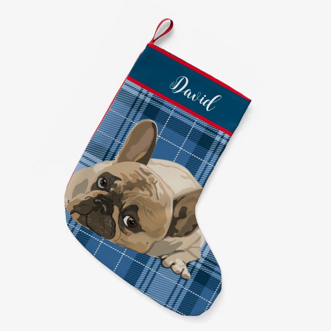 Petite Chaussette De Noël Monogram Cute design drôle chien sur bleu plaid an (Devant (Accrochage))