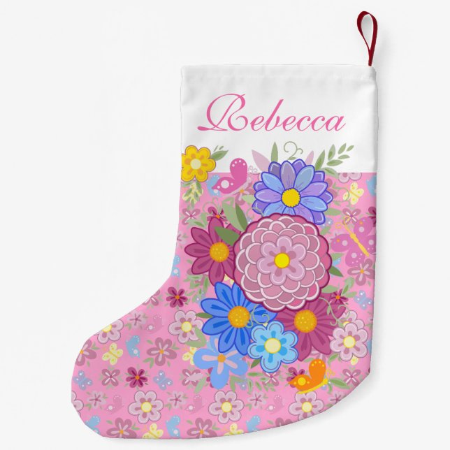 Petite Chaussette De Noël Monogram Flowers and butterfly floral design pink (Dos)