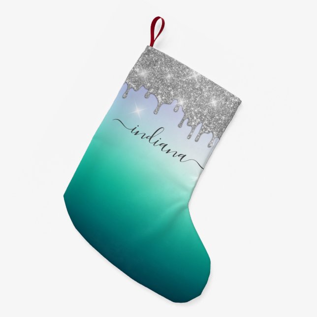 Petite Chaussette De Noël Monogram Holiday Nom du script Silver Parties scin (Devant (Accrochage))