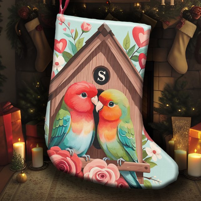 Petite Chaussette De Noël Monogram Lovebird Couple Birdhouse & Heart Pastel (Couples' monogrammed Christmas stocking with lovebirds, cozy birdhouse, pastel hearts & flowers)