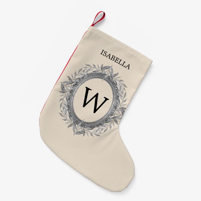 Petite Chaussette De Noël Monogramme de couronne Feuille argent de vacances (Devant (Accrochage))