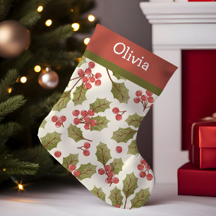 Petite Chaussette De Noël Monogramme de feuilles de houx à l'aquarelle de No