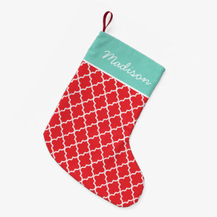 Petite Chaussette De Noël Monogramme de quadrilatère moderne rouge et aqua