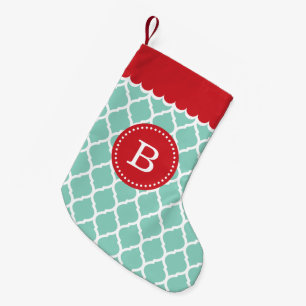 Petite Chaussette De Noël Monogramme de Quatrefoil Marocain Rouge et Aqua