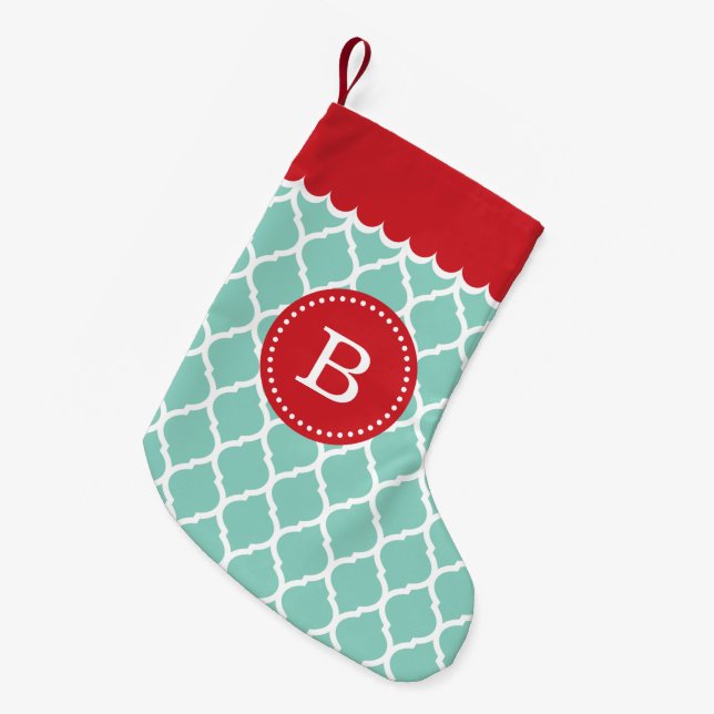 Petite Chaussette De Noël Monogramme de Quatrefoil Marocain Rouge et Aqua (Devant (Accrochage))
