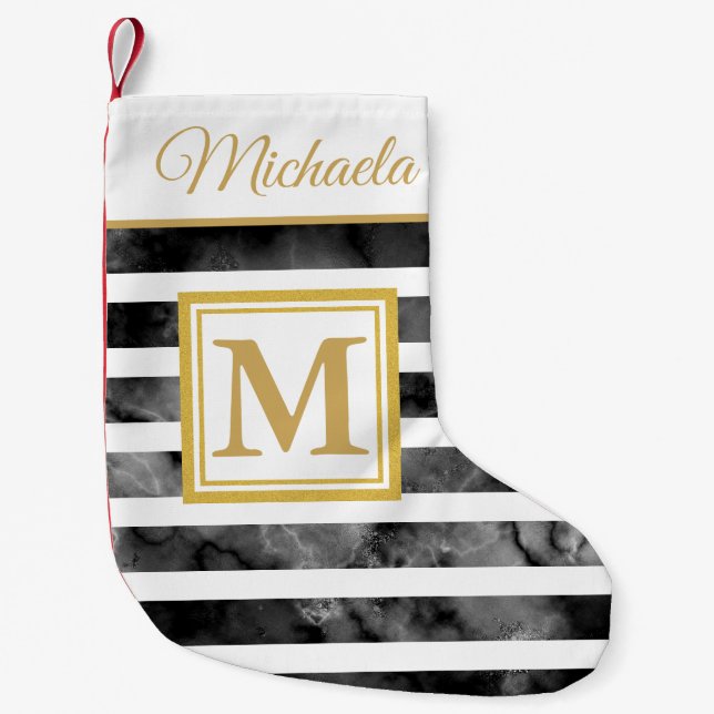 Petite Chaussette De Noël Monogramme d'or noir blanc moderne Nom initial (Devant)