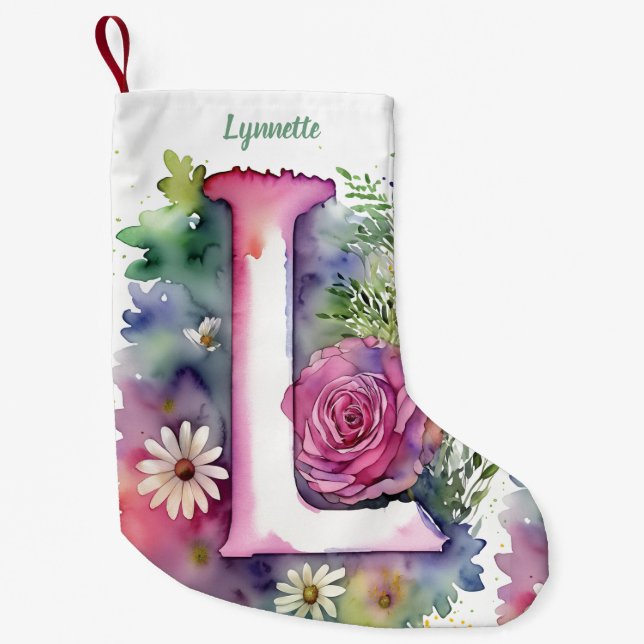 Petite Chaussette De Noël Monogramme floral personnalisé Roses et marguerite (Devant)