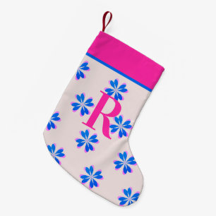 Petite Chaussette De Noël Monogramme Hot rose Bleu Retro Fleur Noël