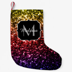 Petite Chaussette De Noël Monogramme jaune arc-en-ciel rouge violet faux pét