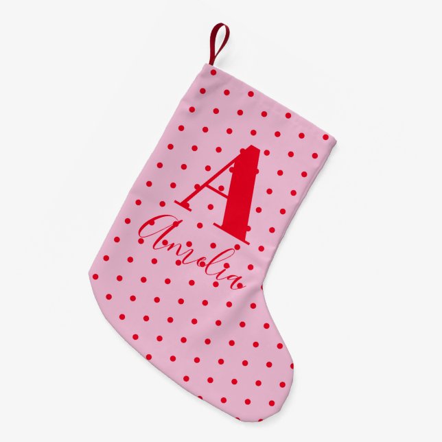Petite Chaussette De Noël Monogramme moderne Nom Polka Dot Rouge Rose (Devant (Accrochage))
