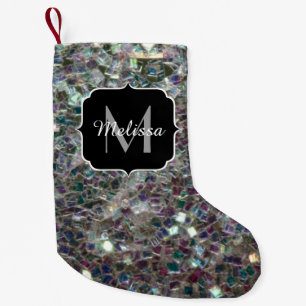 Petite Chaussette De Noël Monogramme mosaïque argenté coloré scintillant